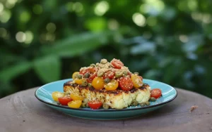 Bloemkool steak met za’atar, cherrytomaatjes, olijven en kappertjes, geserveerd met taralli crunch in zomerse TuinDiner-stijl