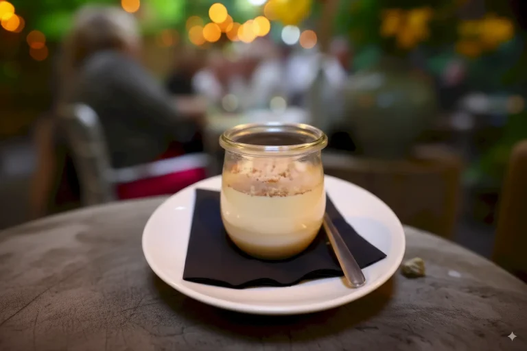 Raffaello pannacotta met amandelen en kokos in glazen bekertjes, geserveerd op rustieke houten tafel met zomerse sfeer