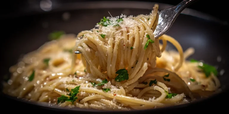 Spaghetti met pecorino, knoflook, chilipepers, peterselie en olijfolie op rustieke houten ondergrond