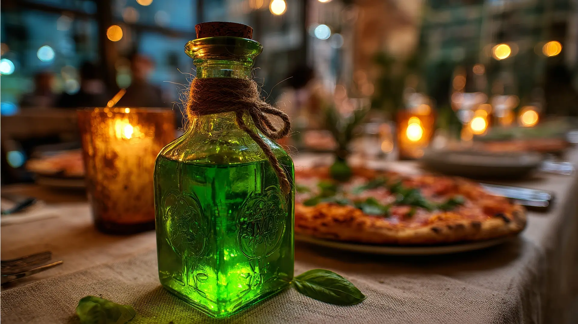Smaragdgroene basilicum olie in glazen fles met verse basilicumblaadjes, geserveerd in zomerse tuinsetting 🌿🫒