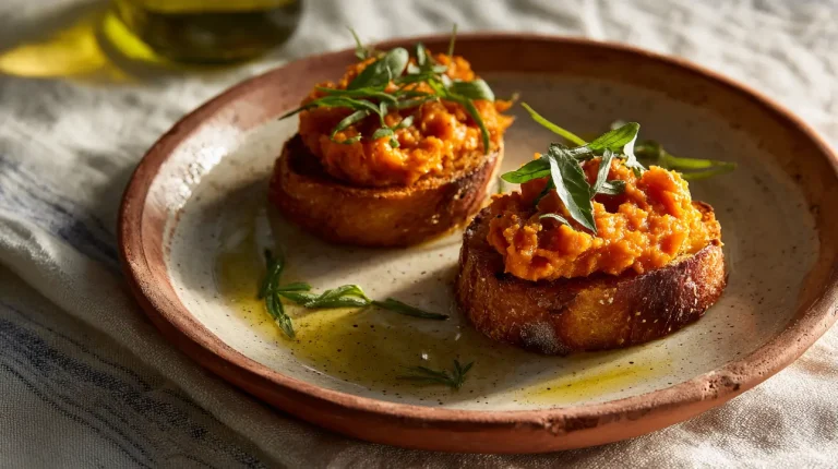 Mini bruschetta met geroosterde paprika tapenade en pompoentopping op rustiek houten bord, Italiaanse antipasto stijl