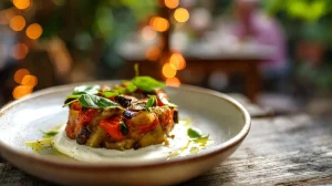 Gegrilde groente caponata met aubergine, paprika en burrata-crème op rustiek bord in zomerse tuinsetting