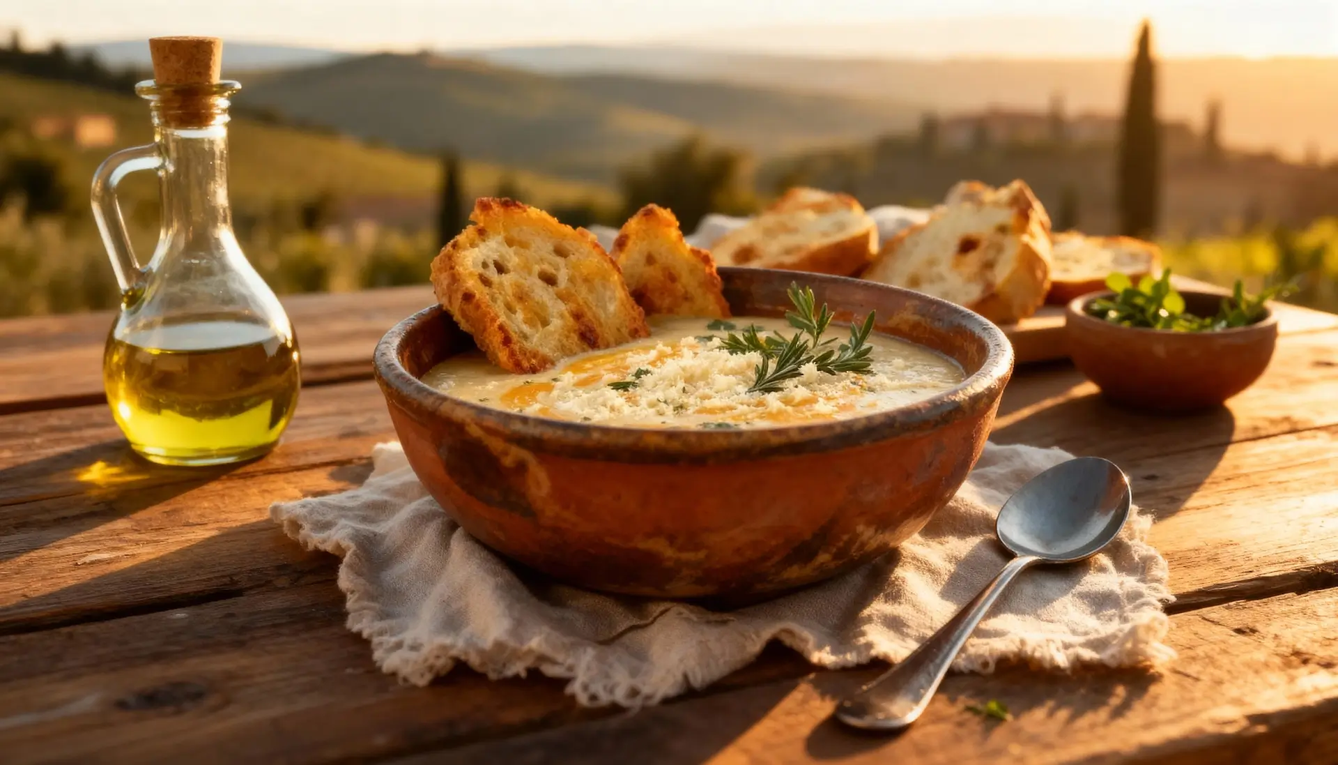 Kom dampende Acquacotta soep met een gepocheerd ei, Parmezaan en basilicum, geserveerd over geroosterd brood.