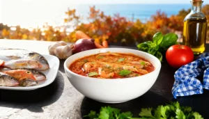 Een diepe kom met Brodetto alla Vastese, gevuld met vis, schaaldieren en een rijke rode tomatenbouillon, geserveerd op brood.