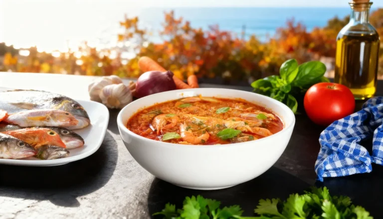 Een diepe kom met Brodetto alla Vastese, gevuld met vis, schaaldieren en een rijke rode tomatenbouillon, geserveerd op brood.