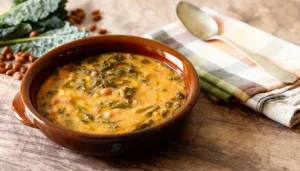 Kom dampende Farinata di Cavolo Nero (Toscaanse polenta met zwarte kool) geserveerd in een rustieke kom met een scheut olijfolie.