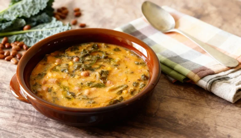 Kom dampende Farinata di Cavolo Nero (Toscaanse polenta met zwarte kool) geserveerd in een rustieke kom met een scheut olijfolie.