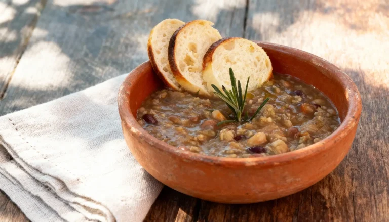 kom imbrecciata umbra peulvruchtensoep met geroosterd brood en verse maggiorana op houten tafel