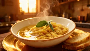 kom met gouden passatelli strengen in heldere vleesboullion met verse parmezaan romagna wintergerecht
