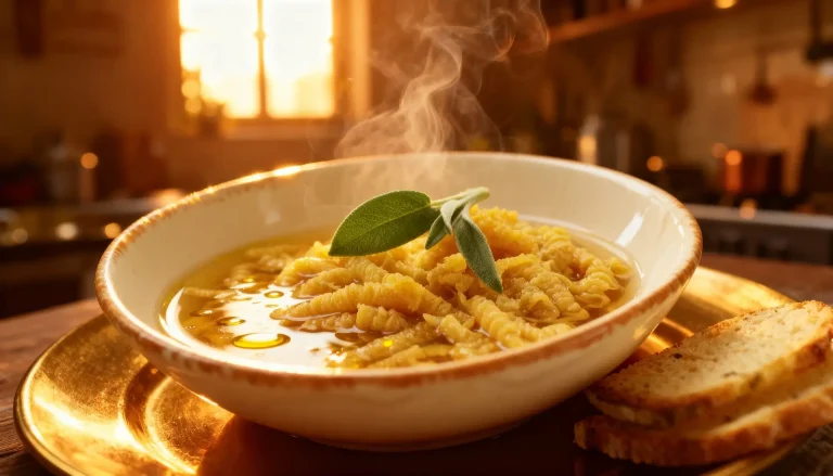 kom met gouden passatelli strengen in heldere vleesboullion met verse parmezaan romagna wintergerecht