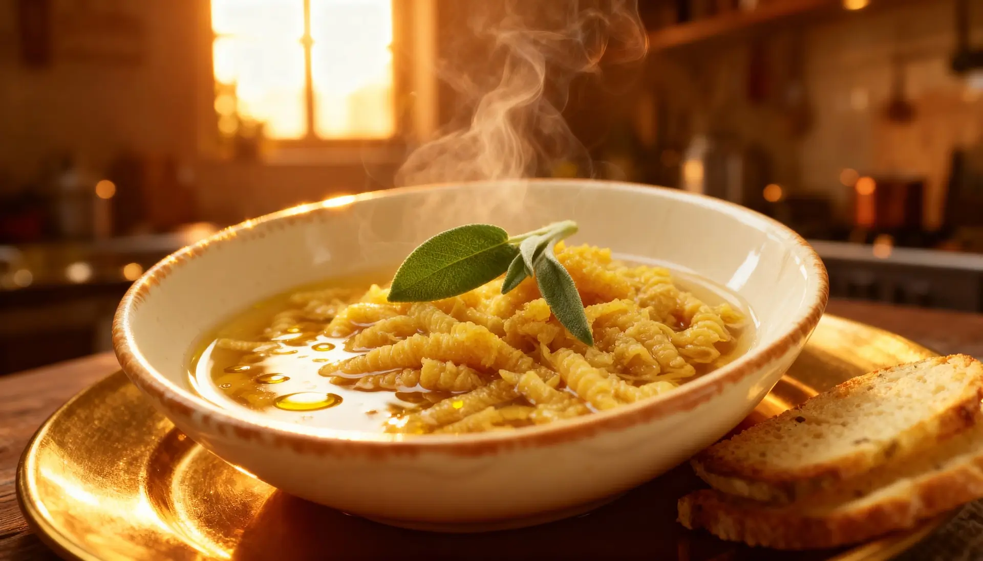 kom met gouden passatelli strengen in heldere vleesboullion met verse parmezaan romagna wintergerecht