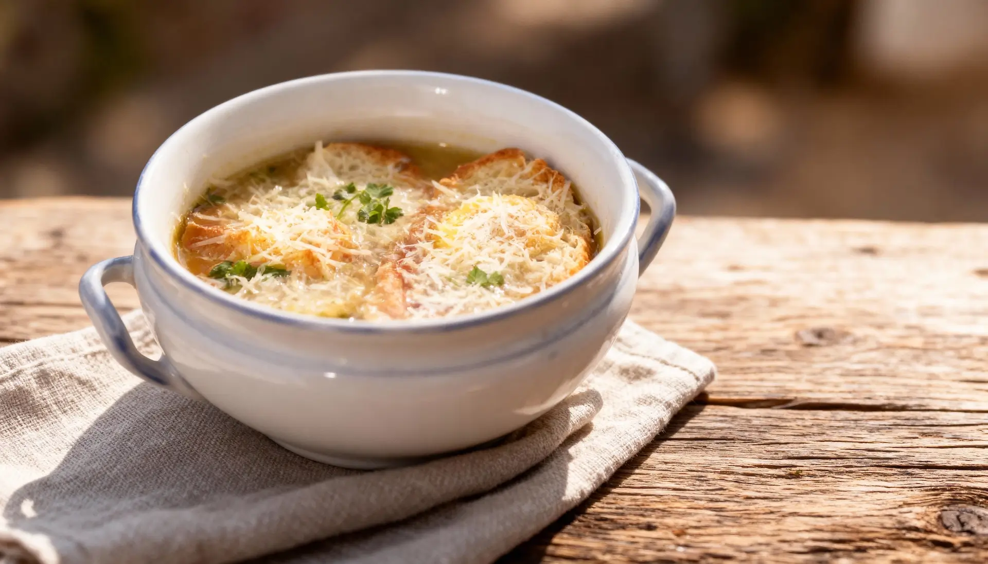 Kom Zuppa alla Pavese met een perfect gepocheerd ei, Parmezaanse kaas en een knapperige crouton in hete bouillon.