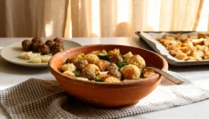 diepe kom zuppa alla sante met gehaktballetjes kaasballetjes en geroosterd brood in heldere bouillon