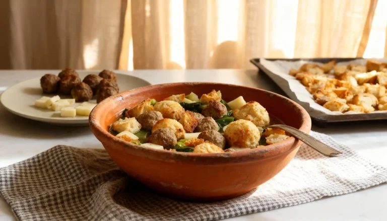 diepe kom zuppa alla sante met gehaktballetjes kaasballetjes en geroosterd brood in heldere bouillon