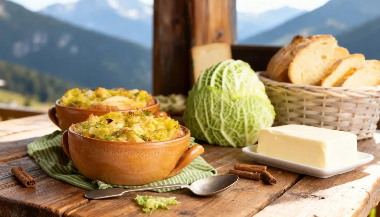 Diepe kom met Zuppa alla Valpellinenze, gegratineerd met goudbruine Fontina kaas en savooiekool, met een lepel erin.