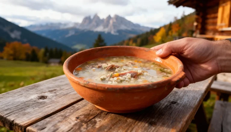 Een diepe kom authentieke Gerstsuppe (Zuppa d'Orzo) met parelgerst, speck en bieslook.