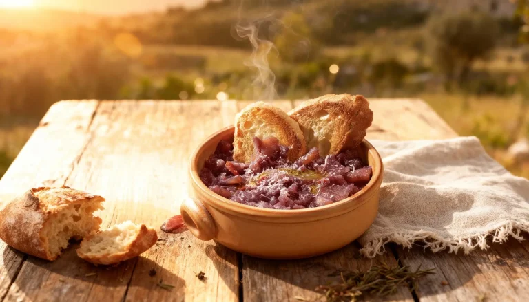 kom licurdia calabrese met geroosterd brood en smeltende caciocavallo, traditionele calabrische uiensoep