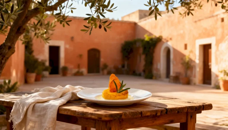 Fluweelzachte pompoen flan met romige pecorino fonduta, gegarneerd met salie en extra vergine olijfolie op een rustieke houten tafel in warm herfstlicht – authentiek Italiaans herfstgerecht uit Puglia.