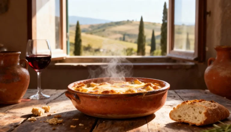 gouden zuppa gallurese broodgratin met gesmolten pecorino in ovenschaal – authentiek Sardijns gerecht met krokante korst
