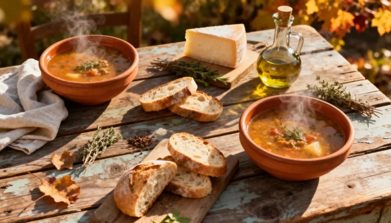 kom dampende italiaanse herfstsoep met brood en kruiden op rustieke houten tafel, regionale specialiteit