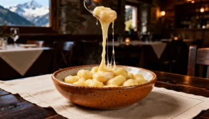 gnocchi alla bava met gesmolten fontina kaassaus en gebakken salie op wit bord