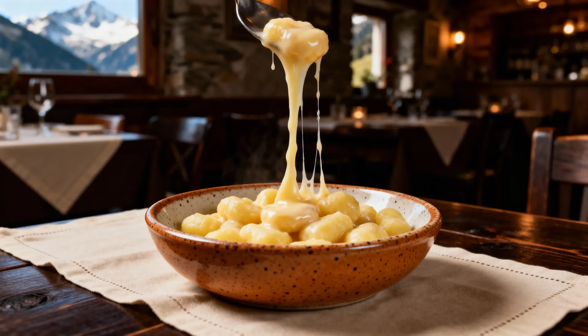 gnocchi alla bava met gesmolten fontina kaassaus en gebakken salie op wit bord