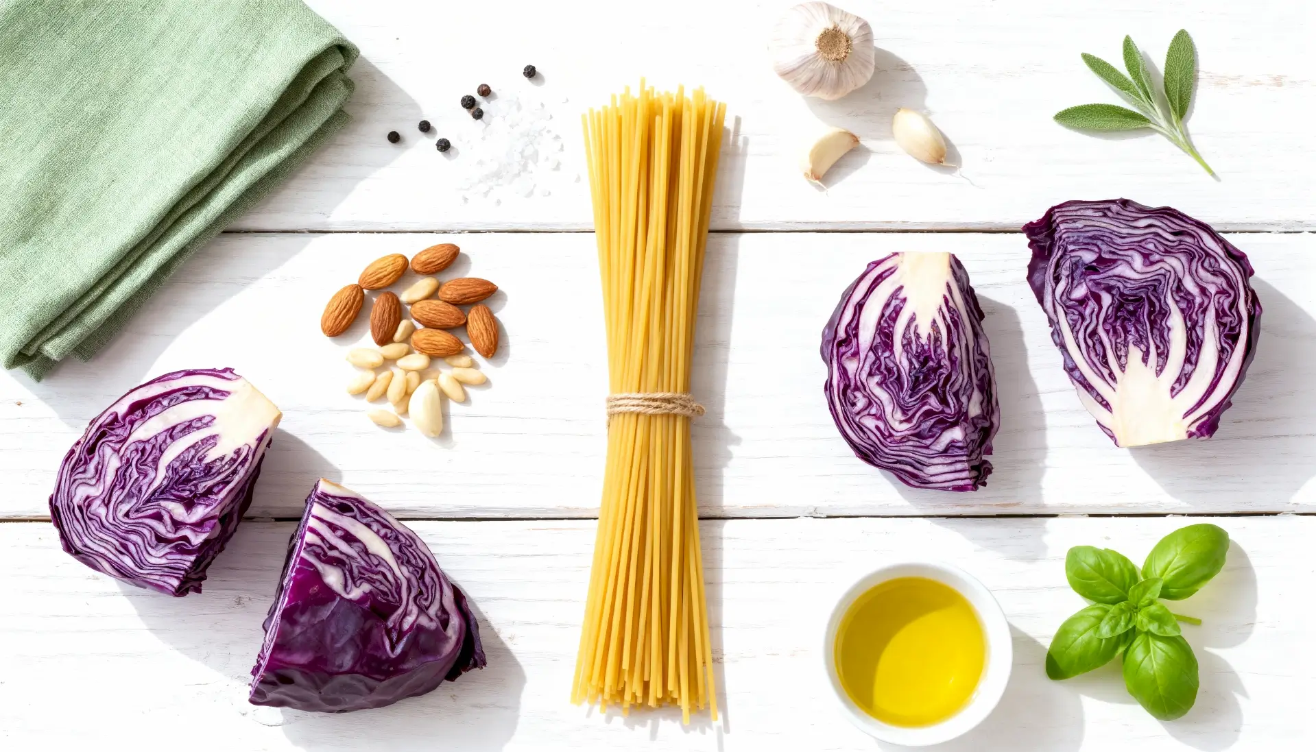 Flat Lay Paarse Vijfgranen Spaghetti Met Kool Pesto En Geroosterde Broodkruimels, Veganistisch Italiaans Gerecht