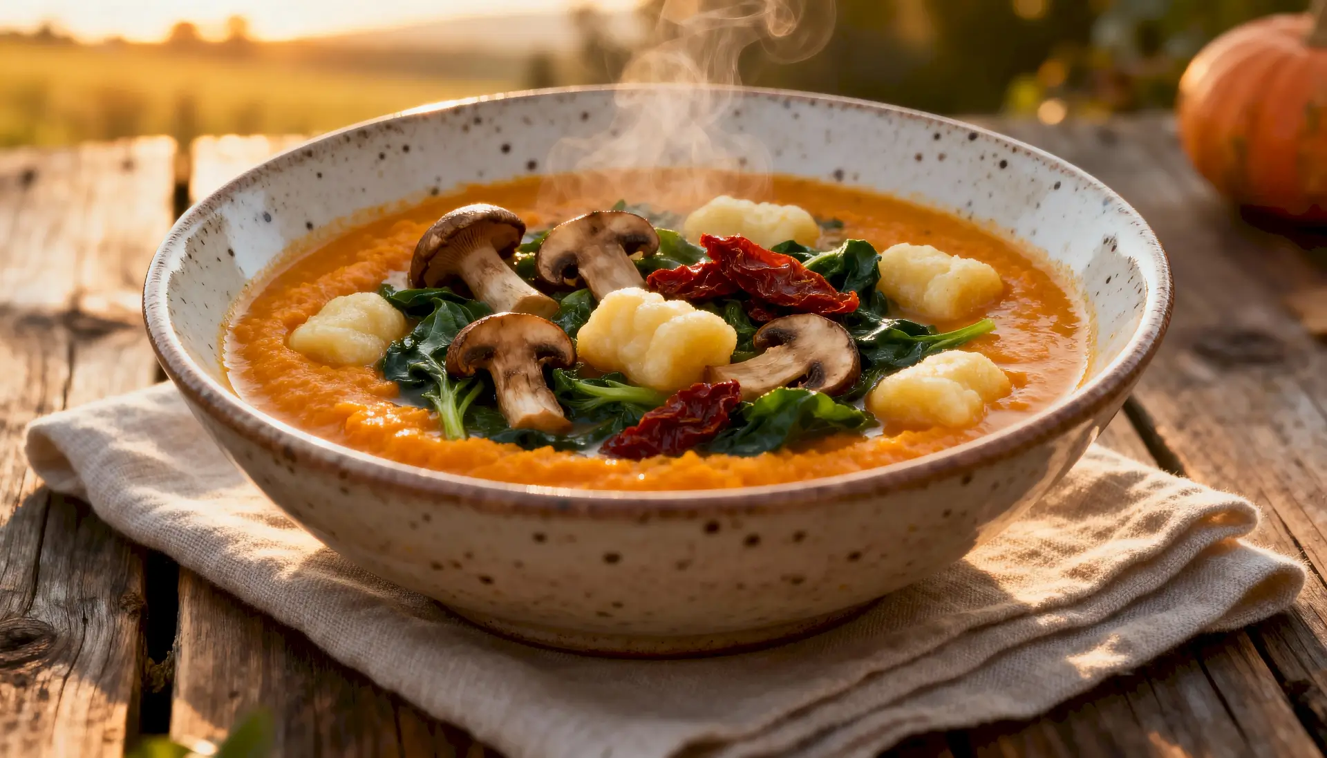 kom warme gnocchi soep met pompoen en champignons, gegarneerd met zongedroogde tomaat en pompoenpitten
