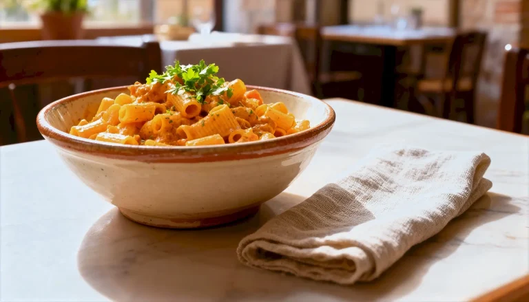 bord pasta carcerata met salsiccia en room, gegarneerd met peterselie en parmigiano reggiano op rustieke tafel