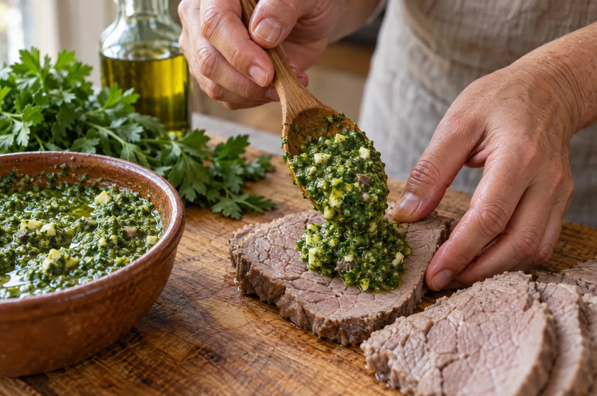 Handen scheppen bagnetto verde als dikke groene saus van een houten lepel op een plak gekookt rundvlees