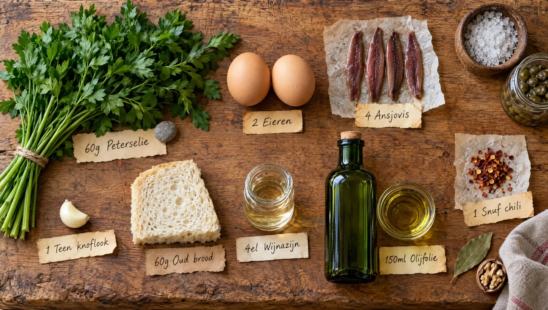 Ingrediƫnten voor bagnetto verde: platte peterselie, ansjovis, eieren, oud brood, knoflook, wijnazijn, olijfolie en chili