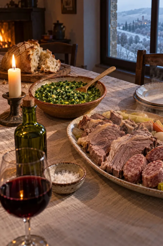 Bagnetto verde op een winterse tafel in Piemonte met bollito misto, landbrood en een glas Barbera