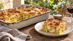 Bloemkoollasagne in een witte ovenschaal, goudbruin gegratineerd, met een uitgeschepte punt op een bord ernaast