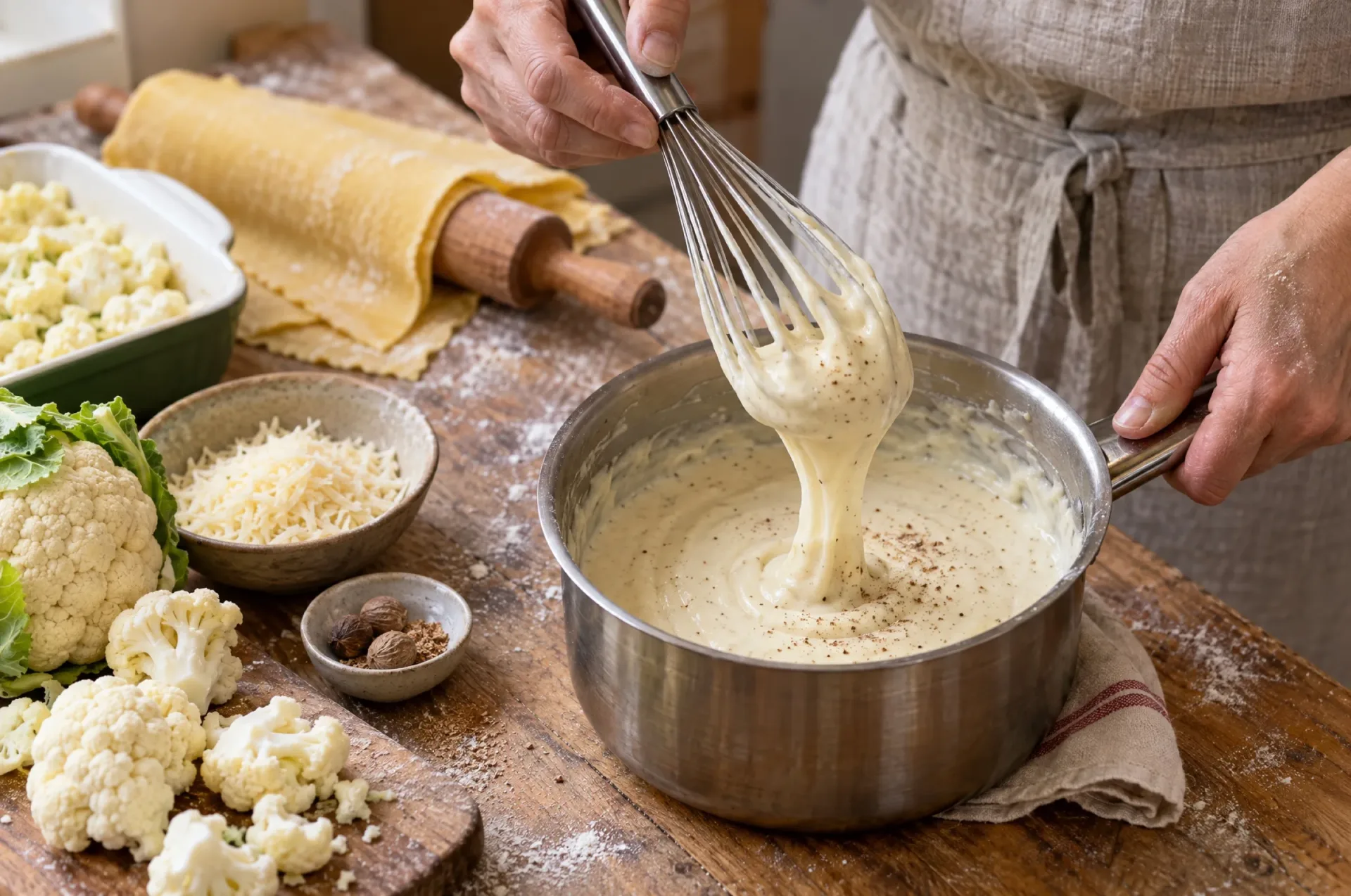 Bechamel voor bloemkoollasagne wordt met een garde gladgeroerd in een steelpan tot hij aan de garde blijft hangen