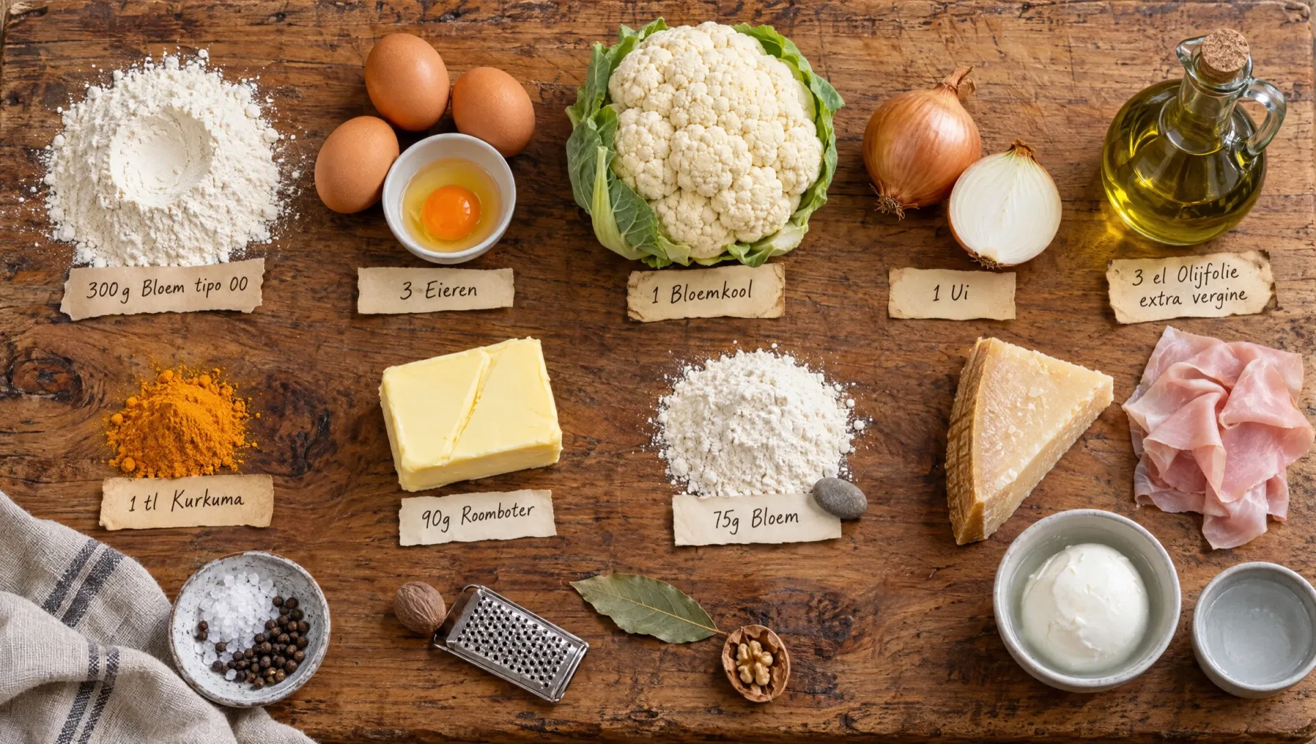 Ingrediënten voor bloemkoollasagne: bloemkool, eieren, bloem, melk, boter, gerookte ham, mozzarella en kurkuma
