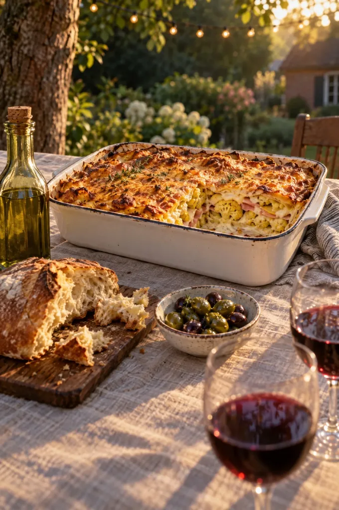 Bloemkoollasagne op een gedekte tafel met wijnglazen, brood en een schaal waaruit een punt is geschept