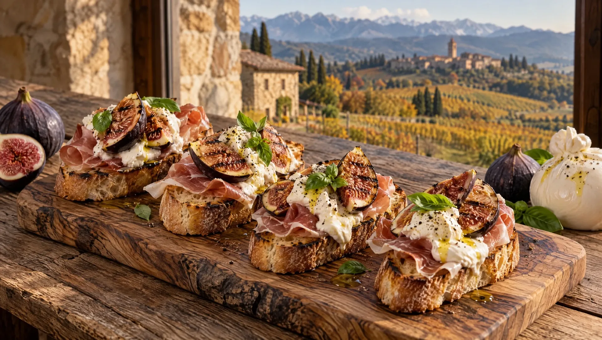 Herfst bruschetta met burrata, gegrilde vijgen en San Daniele ham op een houten plank