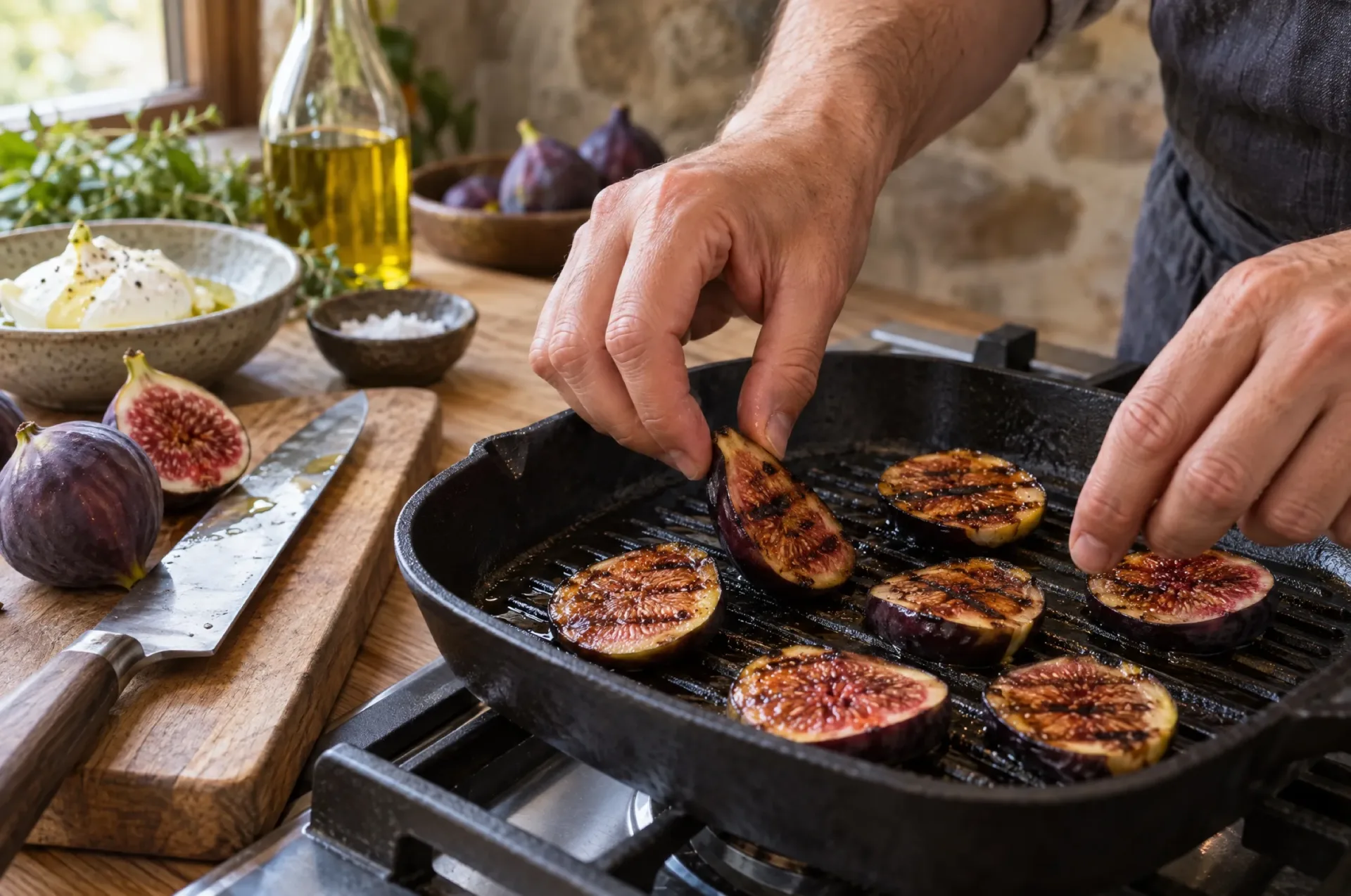 Gegrilde vijg voor bruschetta met burrata en vijgen, met grillstrepen in een gietijzeren grillpan