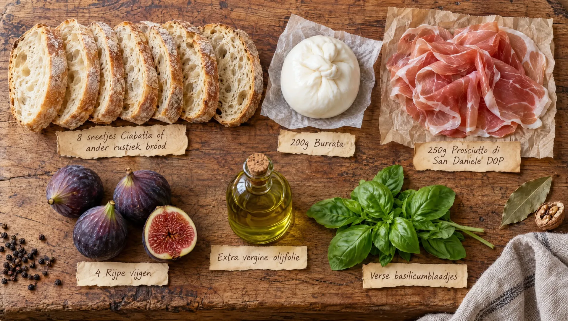 Ingrediënten voor bruschetta met burrata en vijgen: ciabatta, burrata, verse vijgen, San Daniele ham, olijfolie en basilicum