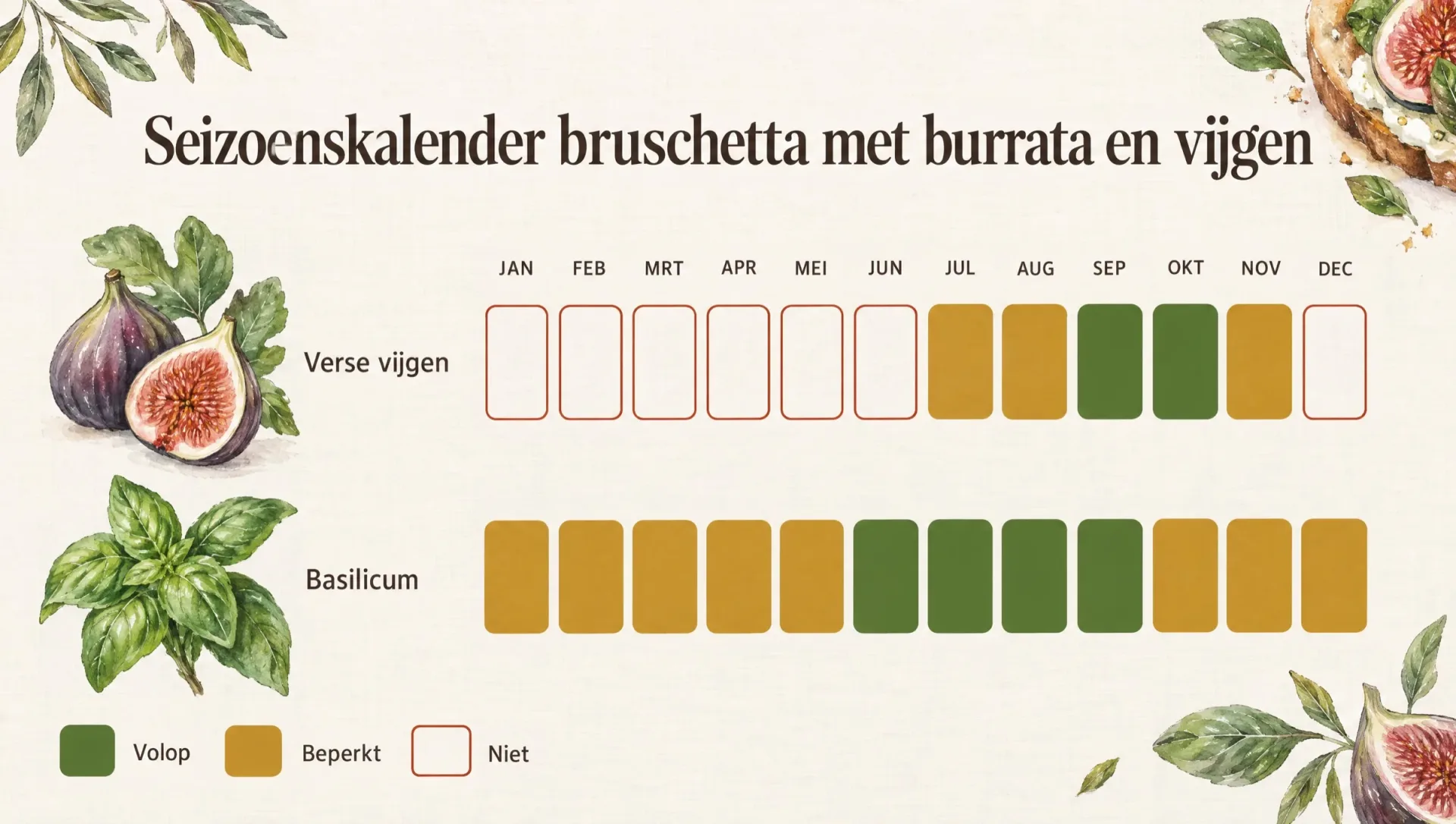 Seizoenskalender van verse vijgen en basilicum voor bruschetta met burrata en vijgen, vijgen volop in september en oktober