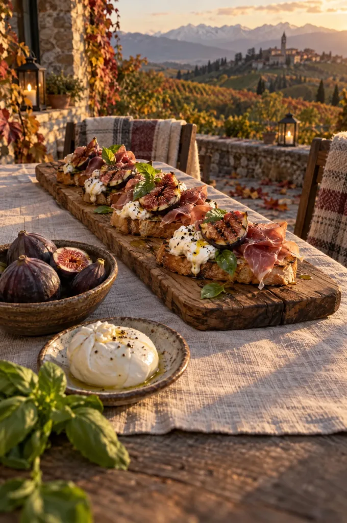 Plank met bruschetta met burrata en vijgen en San Daniele op een gedekte tafel op een herfstavond in Friuli