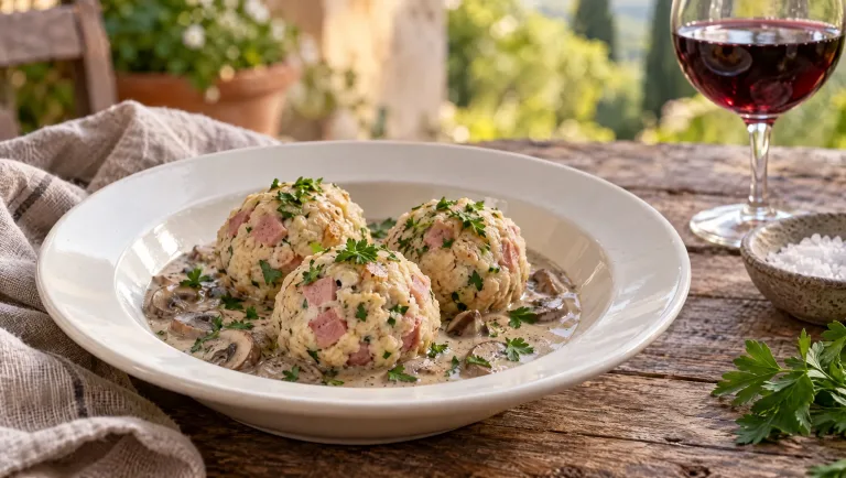 Canederli met mortadella op champignoncrème in een diep bord, bestrooid met gehakte peterselie