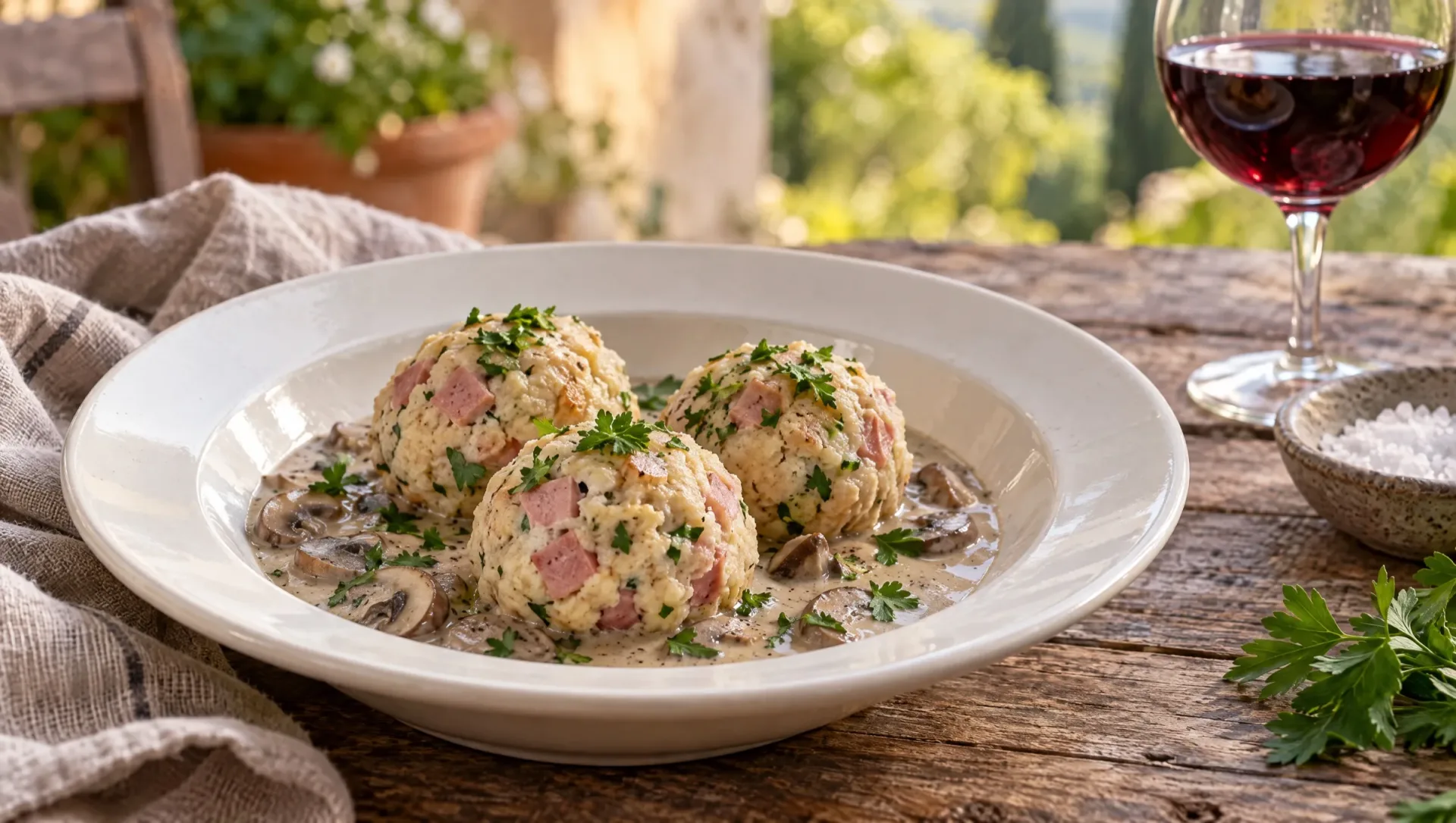 Canederli met mortadella op champignoncrème in een diep bord, bestrooid met gehakte peterselie