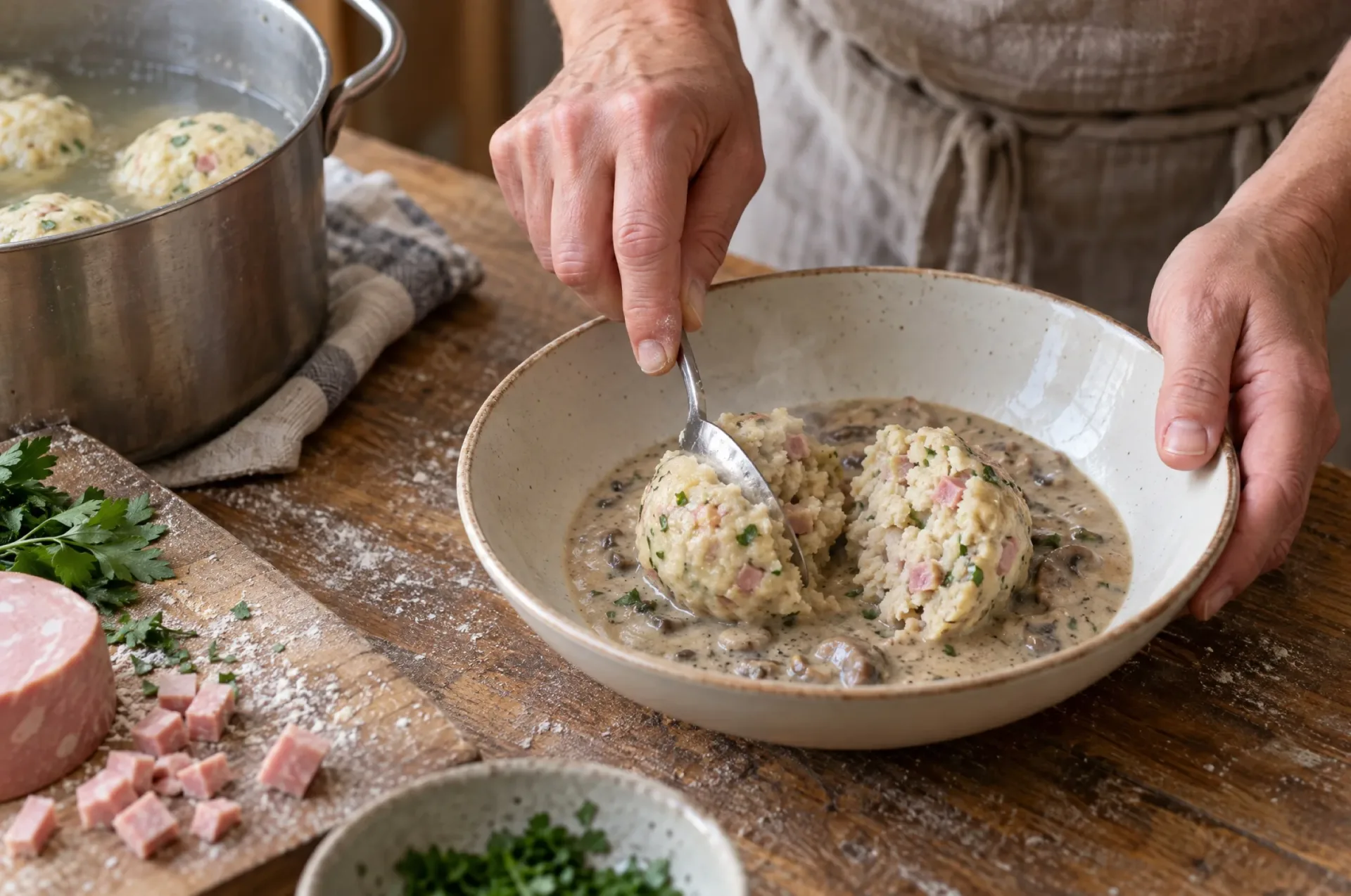 Canederli met mortadella van dichtbij: handen breken een knoedel open, met blokjes mortadella en peterselie in het kruim