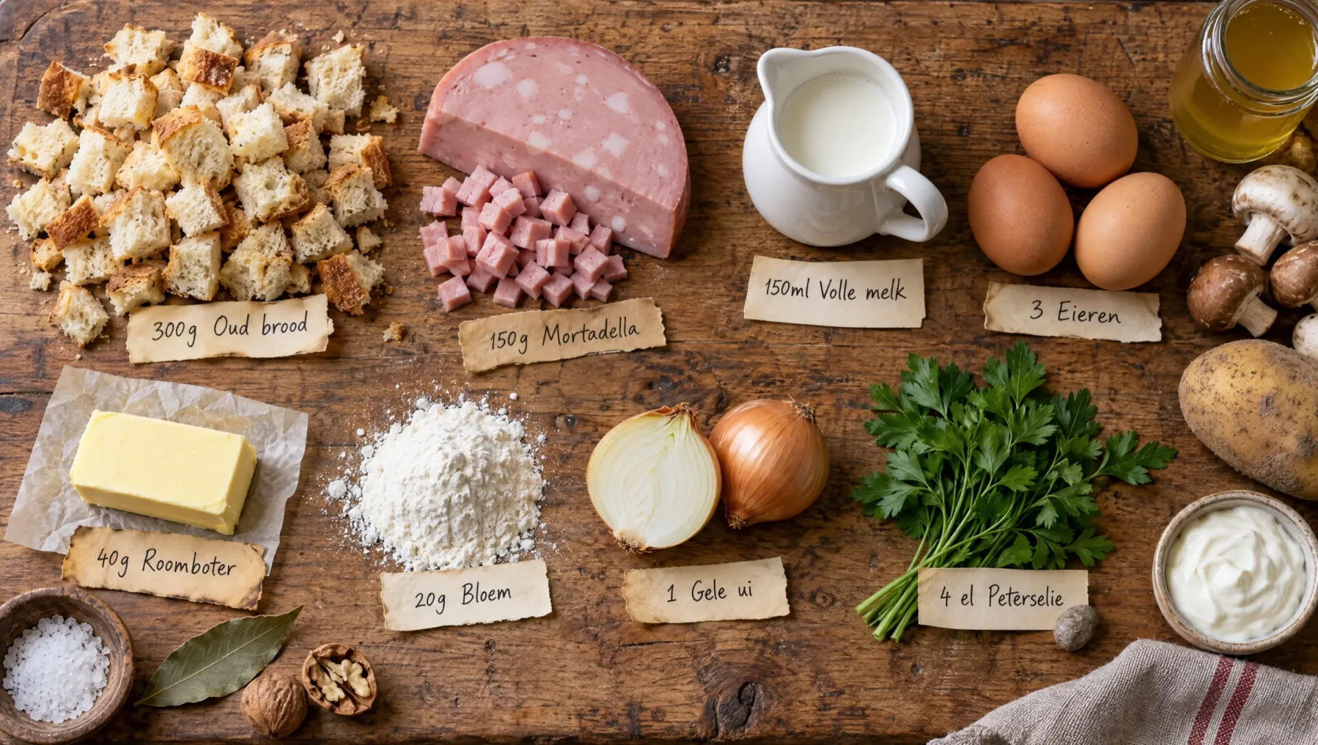Ingrediënten voor canederli met mortadella: oud brood, mortadella, melk, eieren, boter, bloem, ui en peterselie