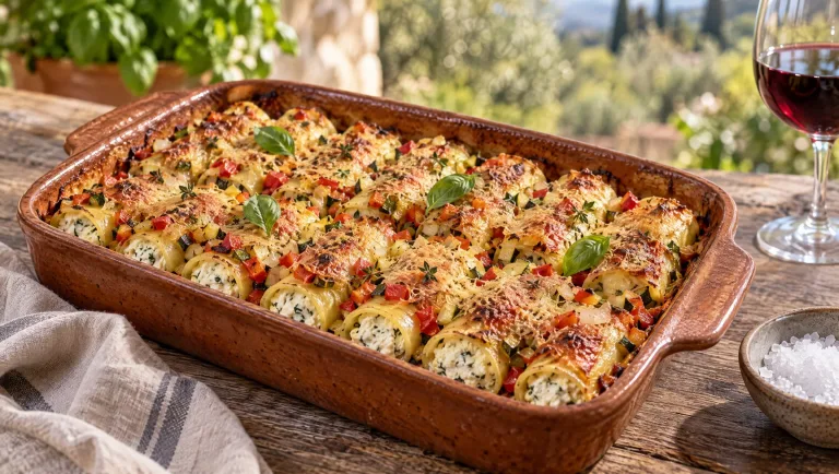 Cannelloni met ricotta en groenteragù in een ovenschaal, met een goudbruine korst van Parmigiano en blaadjes basilicum