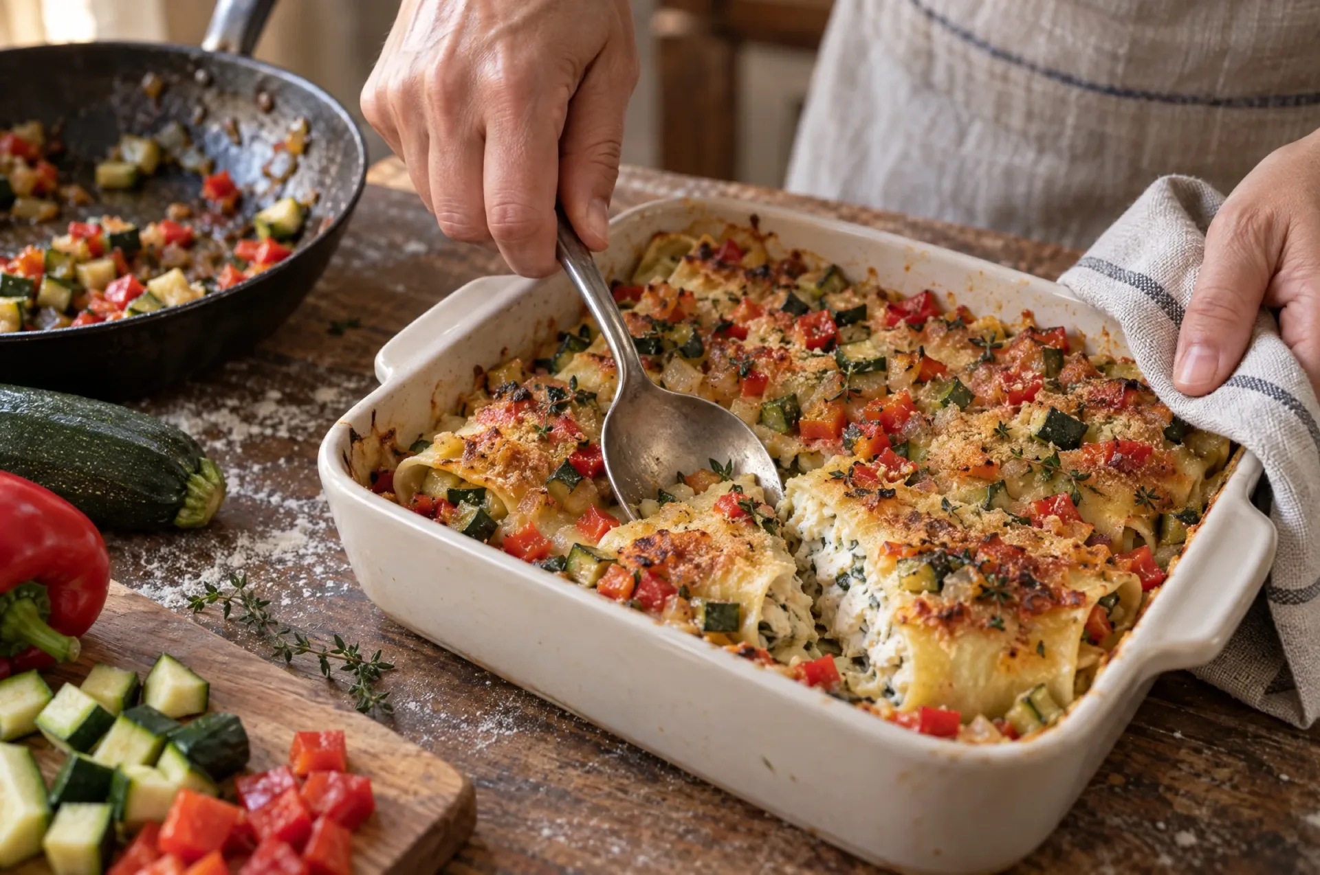 Cannelloni met ricotta en groenteragù van dichtbij: een doorgesneden buis met witte kaasvulling onder courgette en paprika