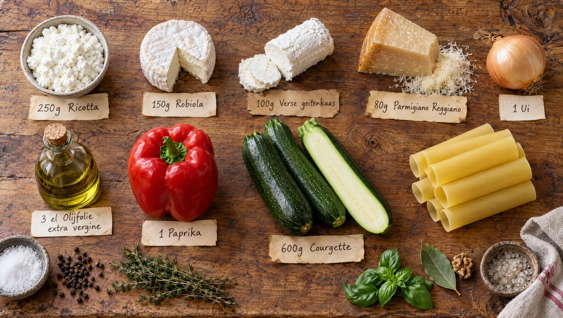 Ingrediënten voor cannelloni met ricotta en groenteragù: cannelloni, ricotta, robiola, geitenkaas, courgette, paprika en tijm
