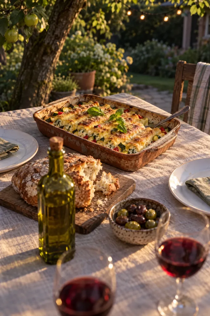 Tuintafel met een ovenschaal cannelloni met ricotta en groenteragù, borden, basilicum en rode wijn in de avondzon