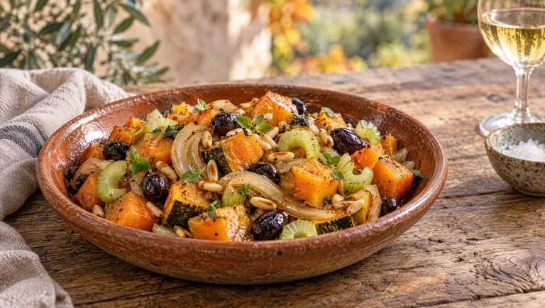 Schaal caponata di zucca met blokjes pompoen, ui, bleekselderij, zwarte olijven en pijnboompitten op houten tafel